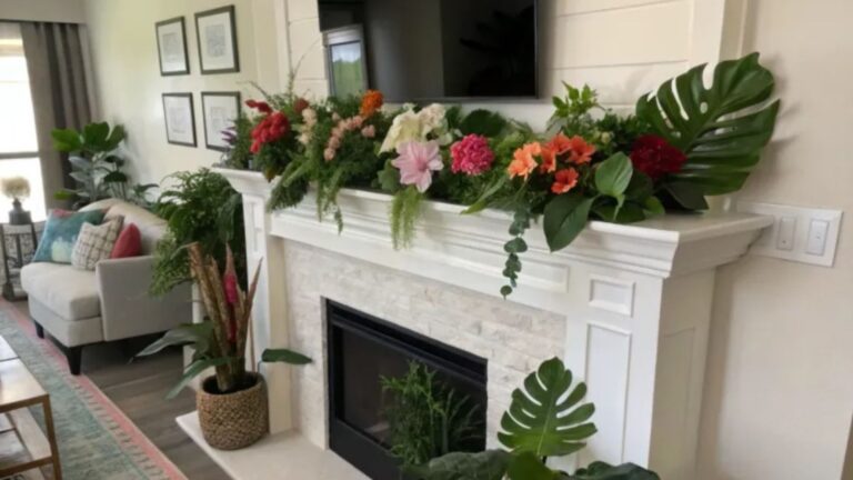 fake plants on a white mantel