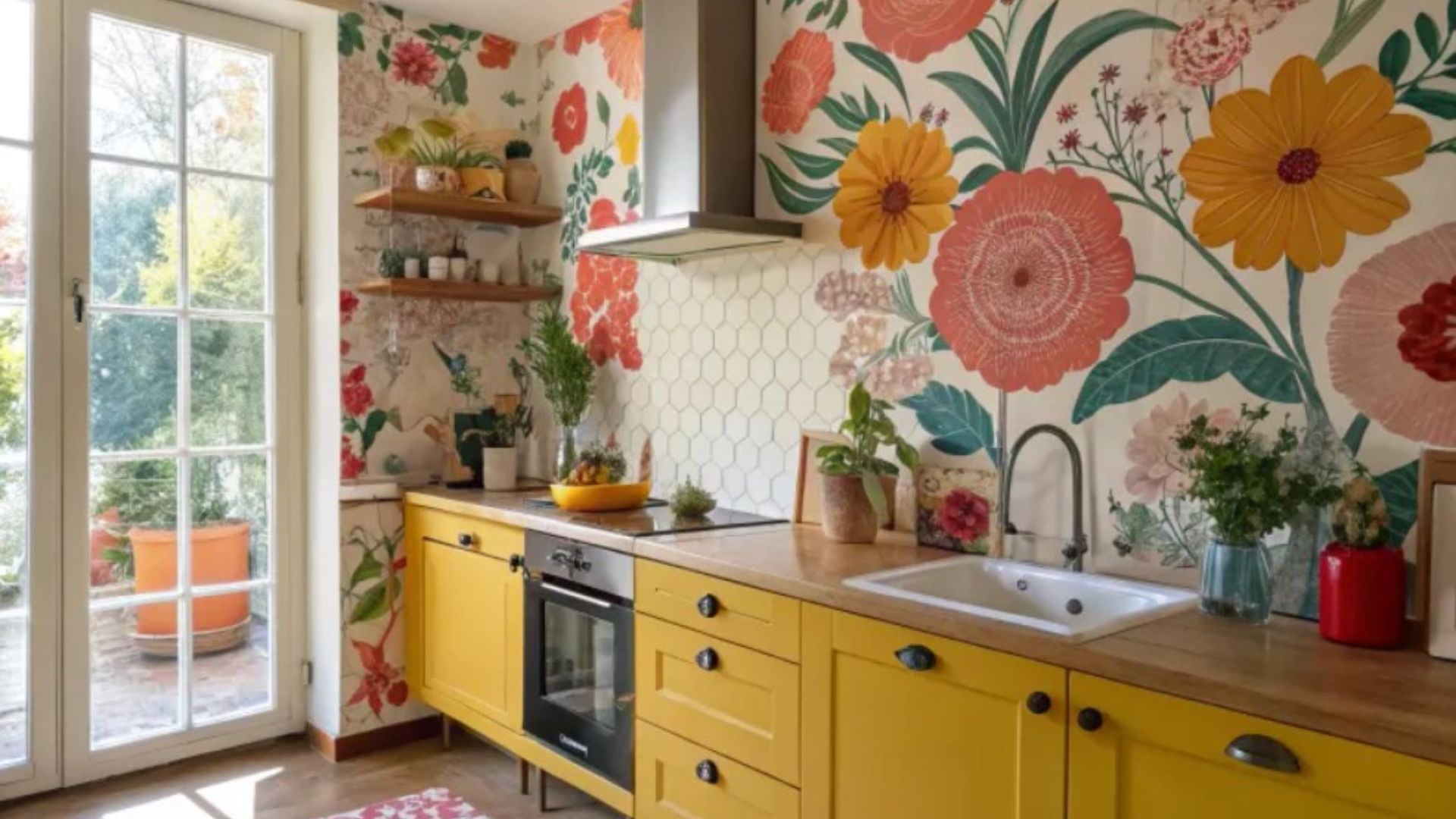 kitchen with a floral wallpaper and yellow cabinets