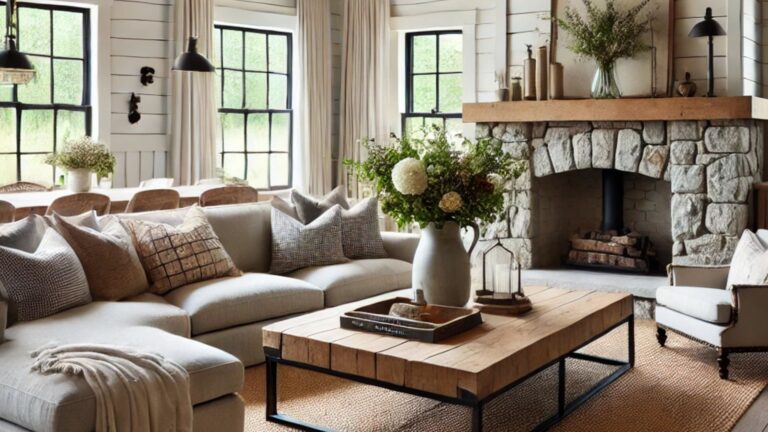 farmhouse living room with a fireplace