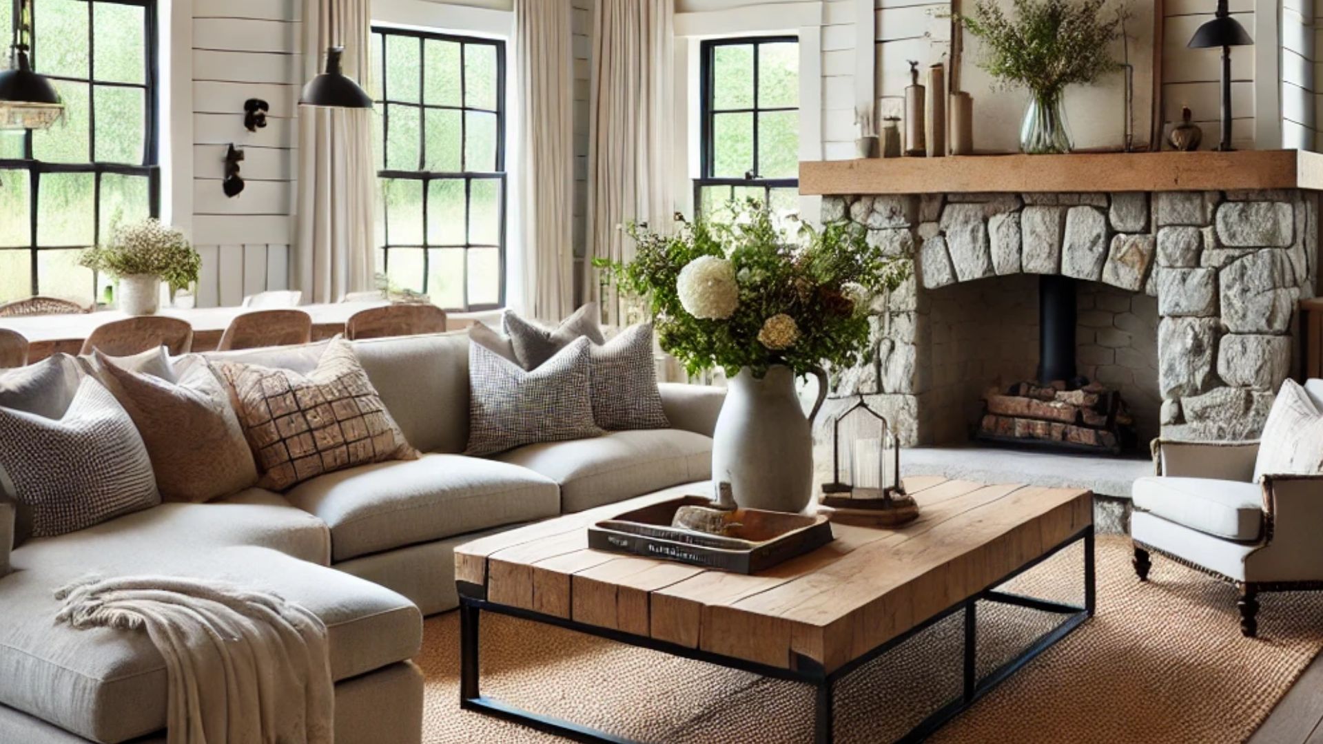 farmhouse living room with a fireplace