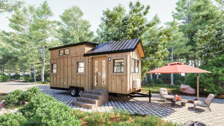 Wooden tiny home in nature with a lounge area