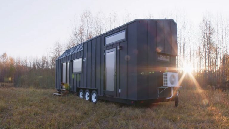 Black tiny house with glass doors