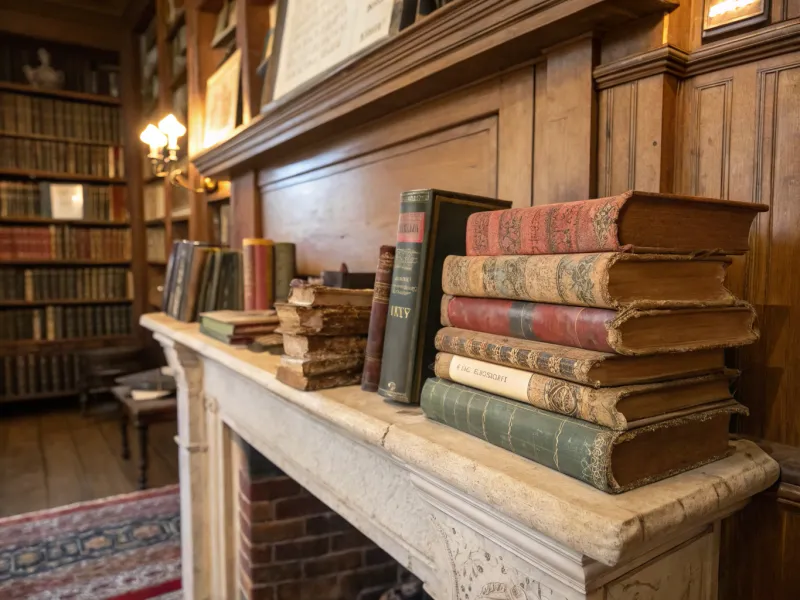 Books with Tattered Covers on a mantel