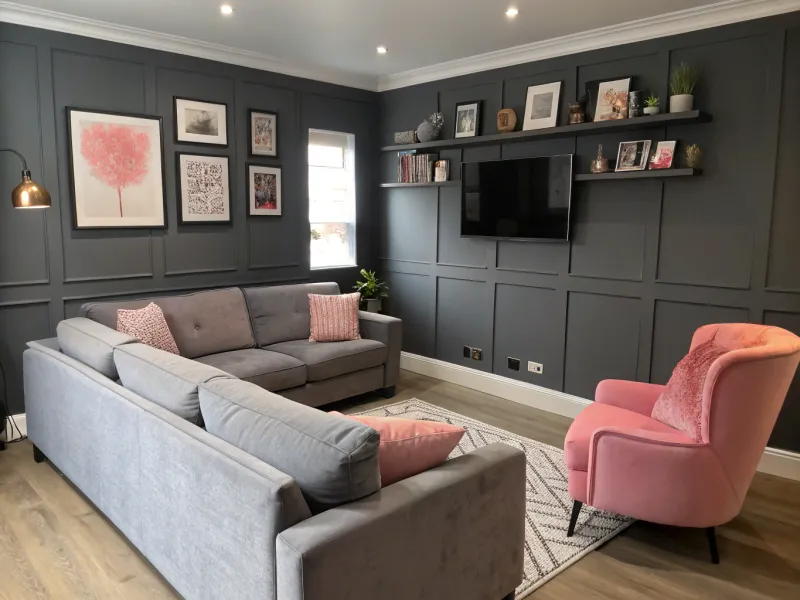 Charcoal Gray and Blush Pink living room