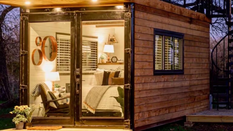 exterior of a container house with a wooden exterior
