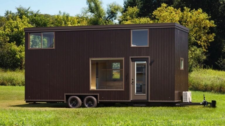 exterior of a tiny home with brown walls