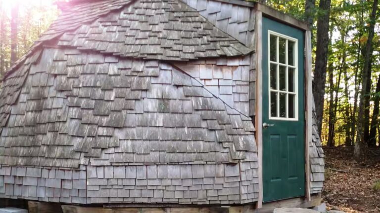 exterior of a light brown wooden cabin