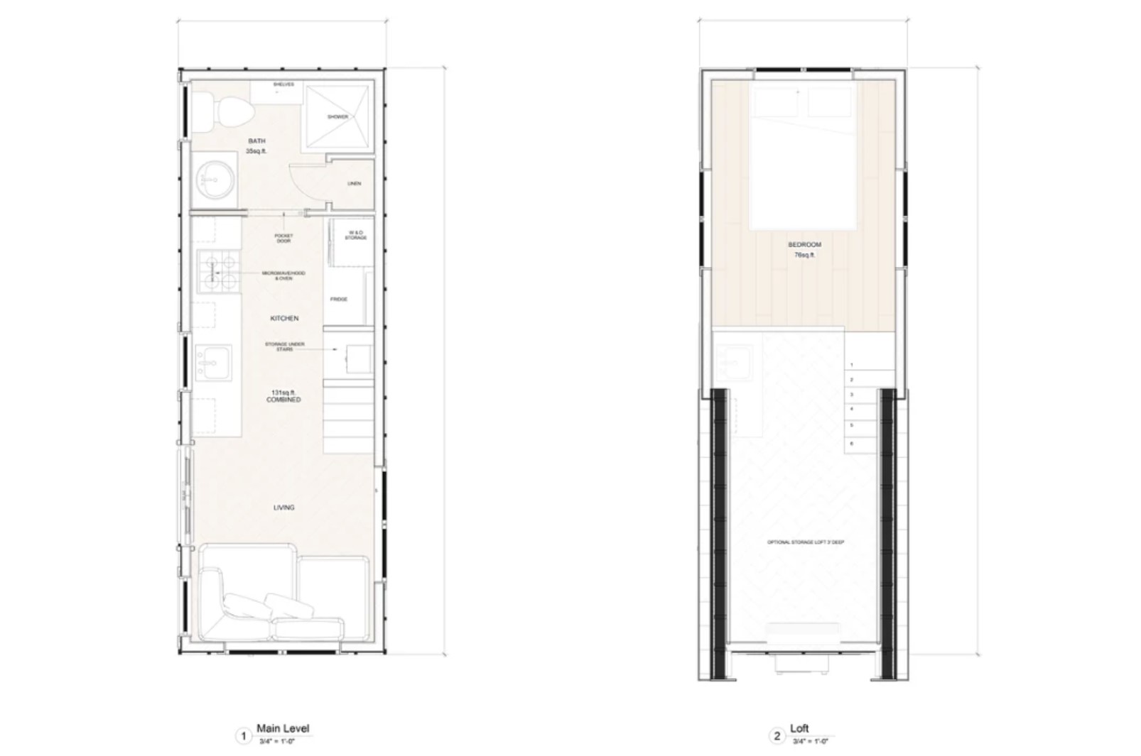 Floor plan of a tiny home on wheels with a loft