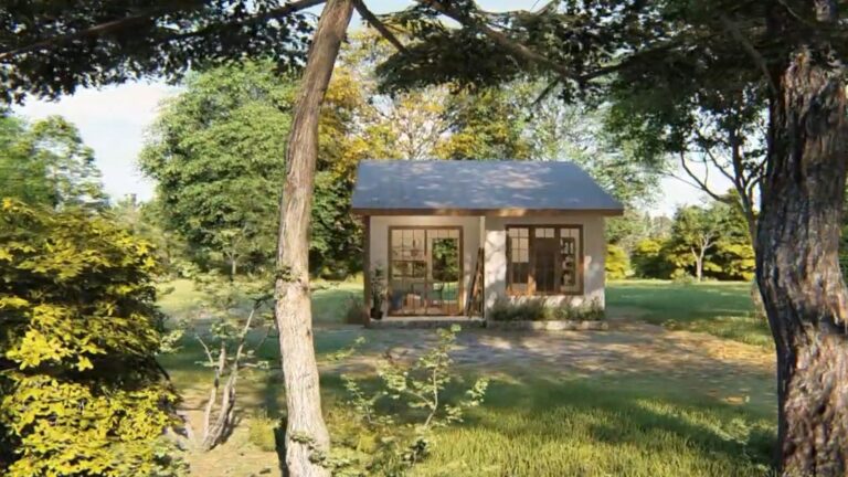 exterior of a tiny home decorated with greenery