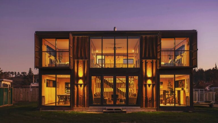 exterior of a shipping container mansion in rustic color