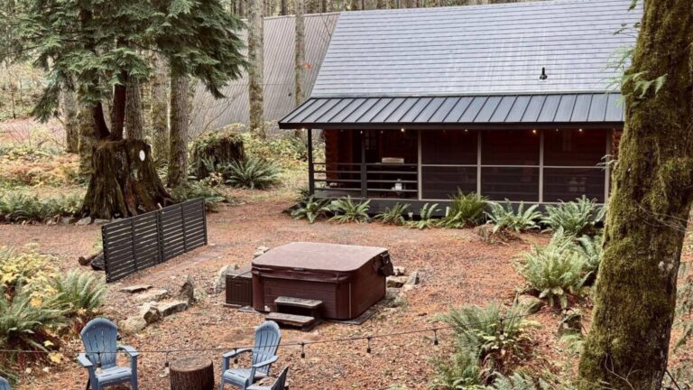 simple wood cabin with a screened porch and green roof