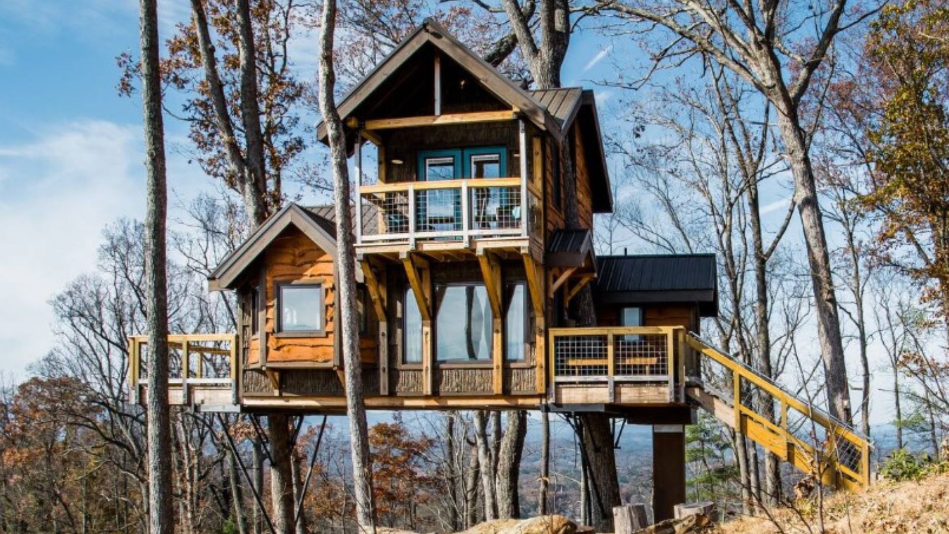 exterior of a beautiful treehouse cabin