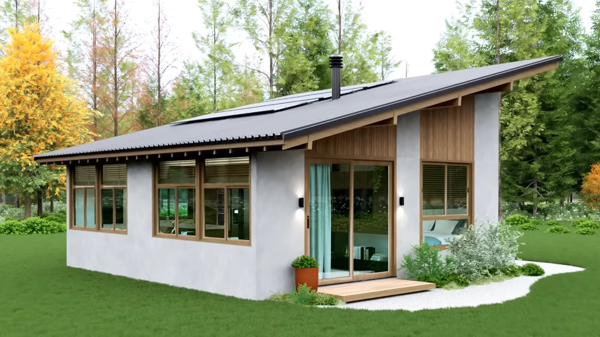 exterior of a tiny house surrounded by greenery