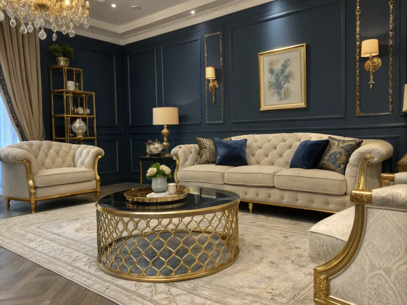 Navy Blue and Gold living room