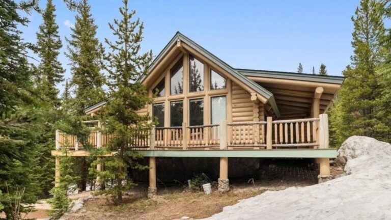 exterior of a cabin surrounded by trees