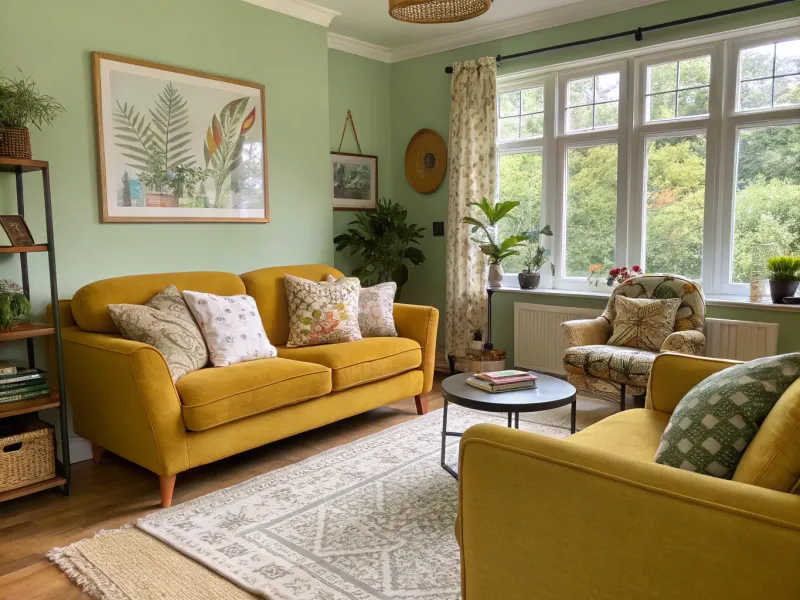 Sage Green and Mustard Yellow living room