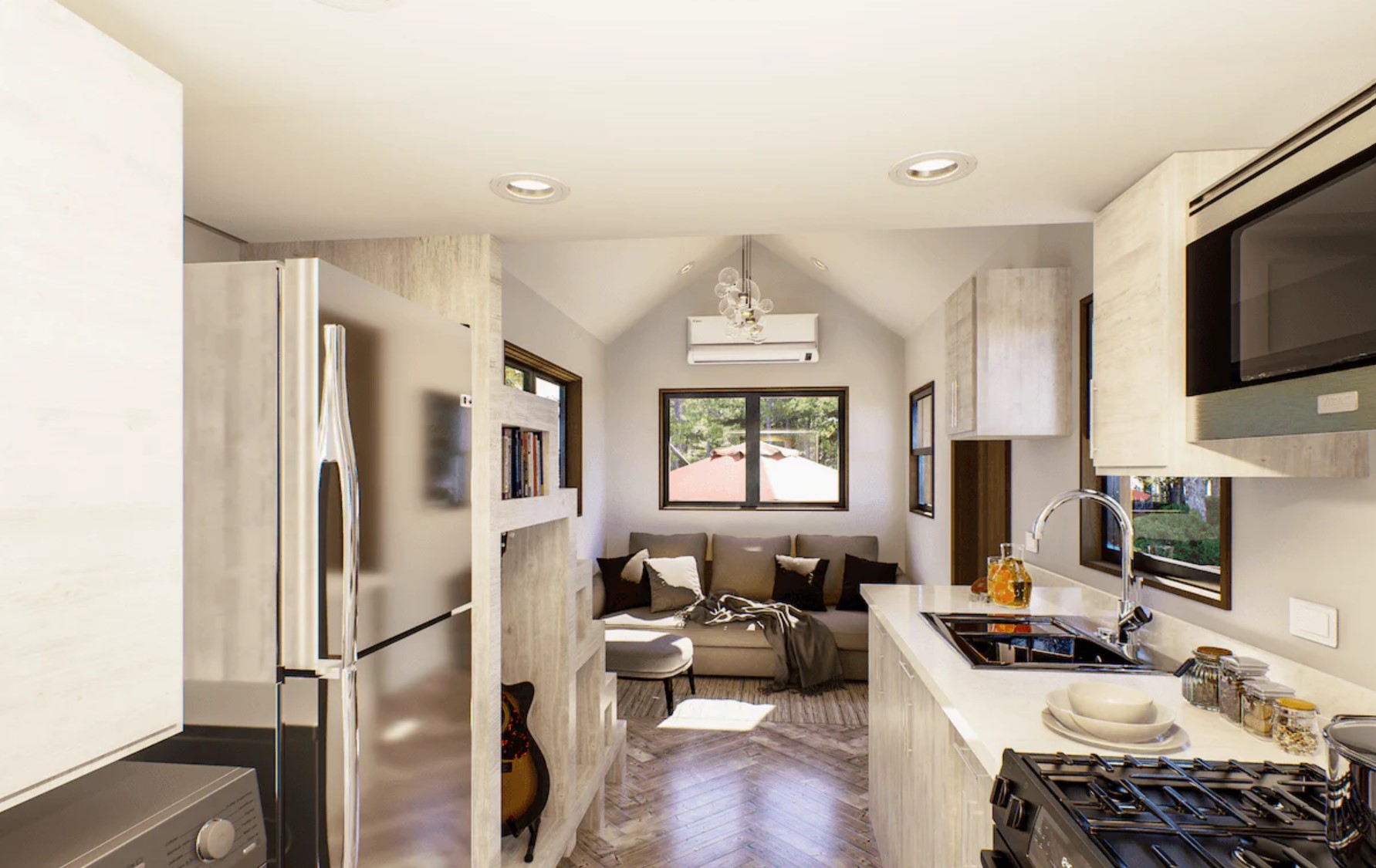 Sleek tiny living room with a couch and a AC unit