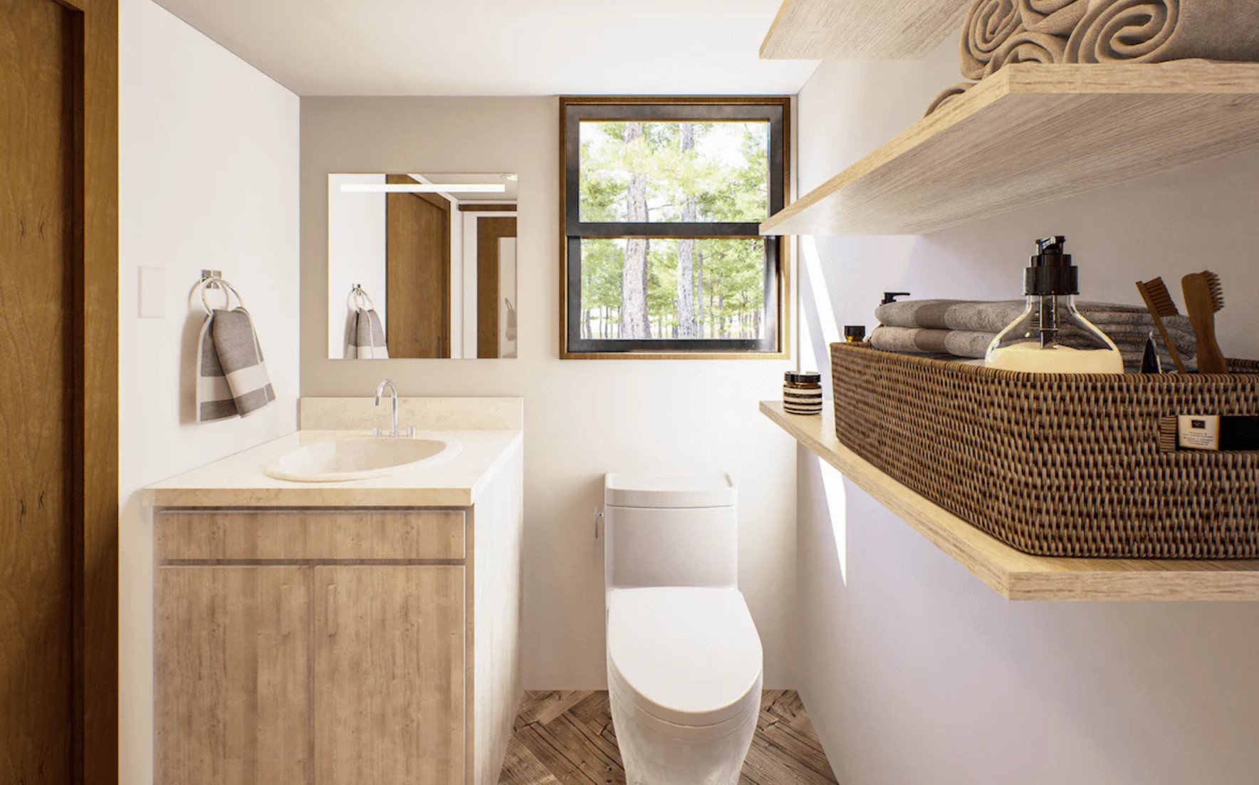 Sleek wooden bathroom with a vanity and floating shelves