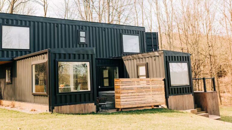 exterior of a container house with black walls