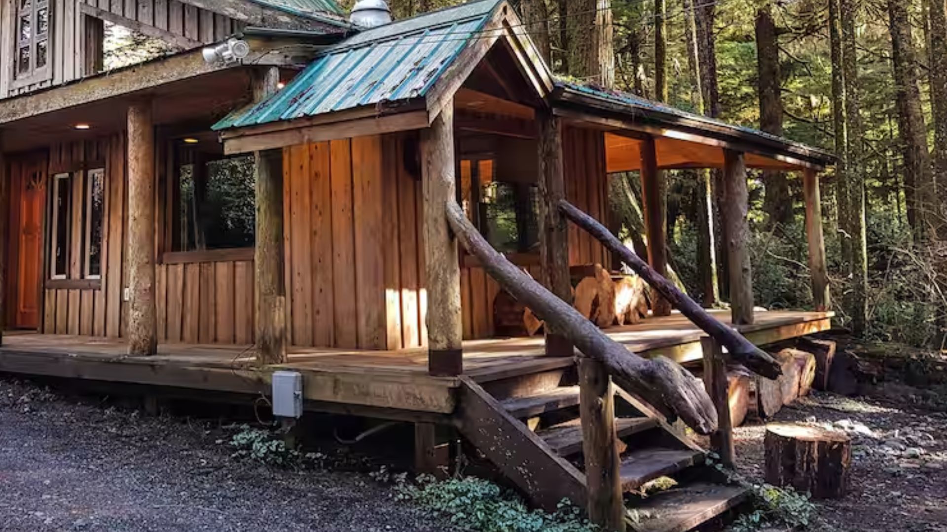 exterior of a log cabin in the woods