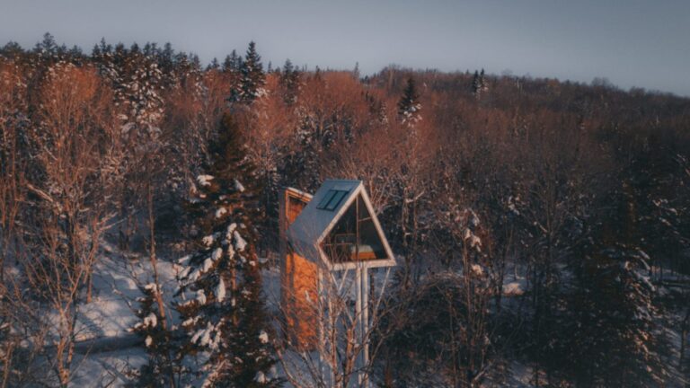 White diamond shaped cabin in forest