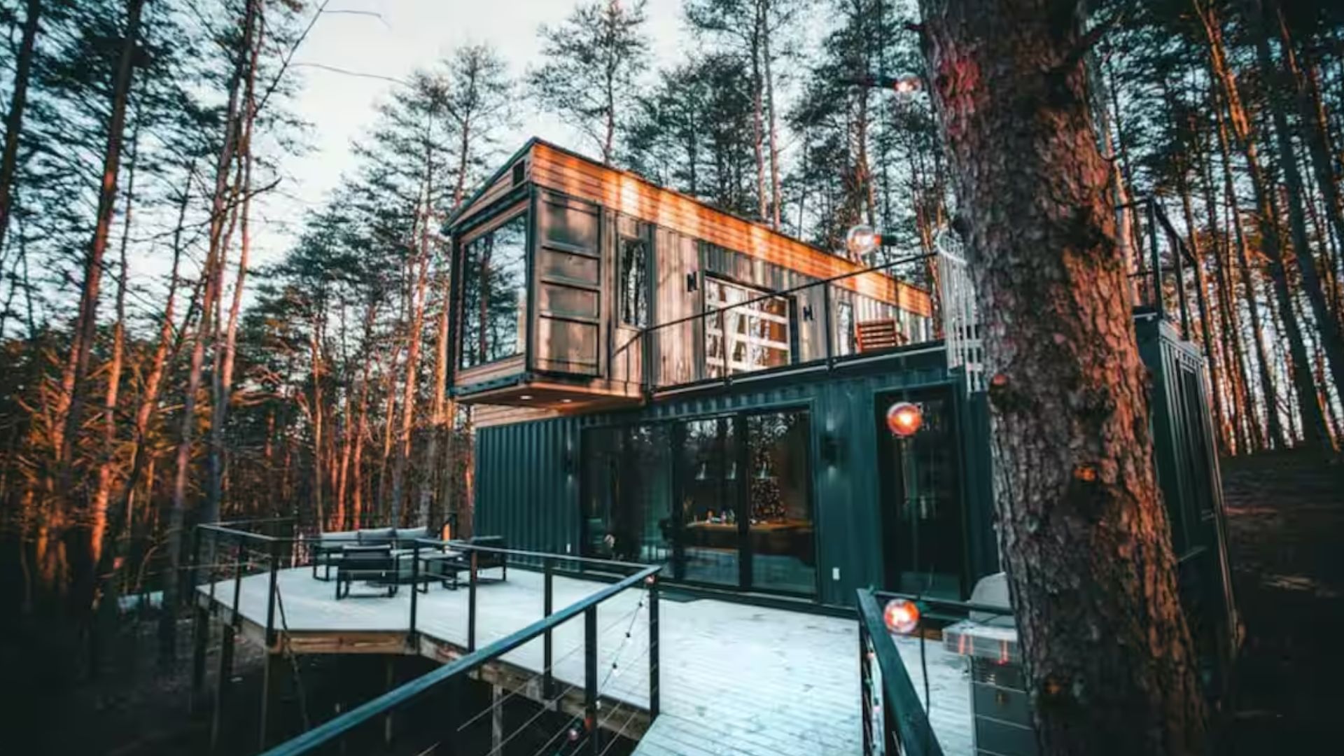 exterior of a shipping container in the woods