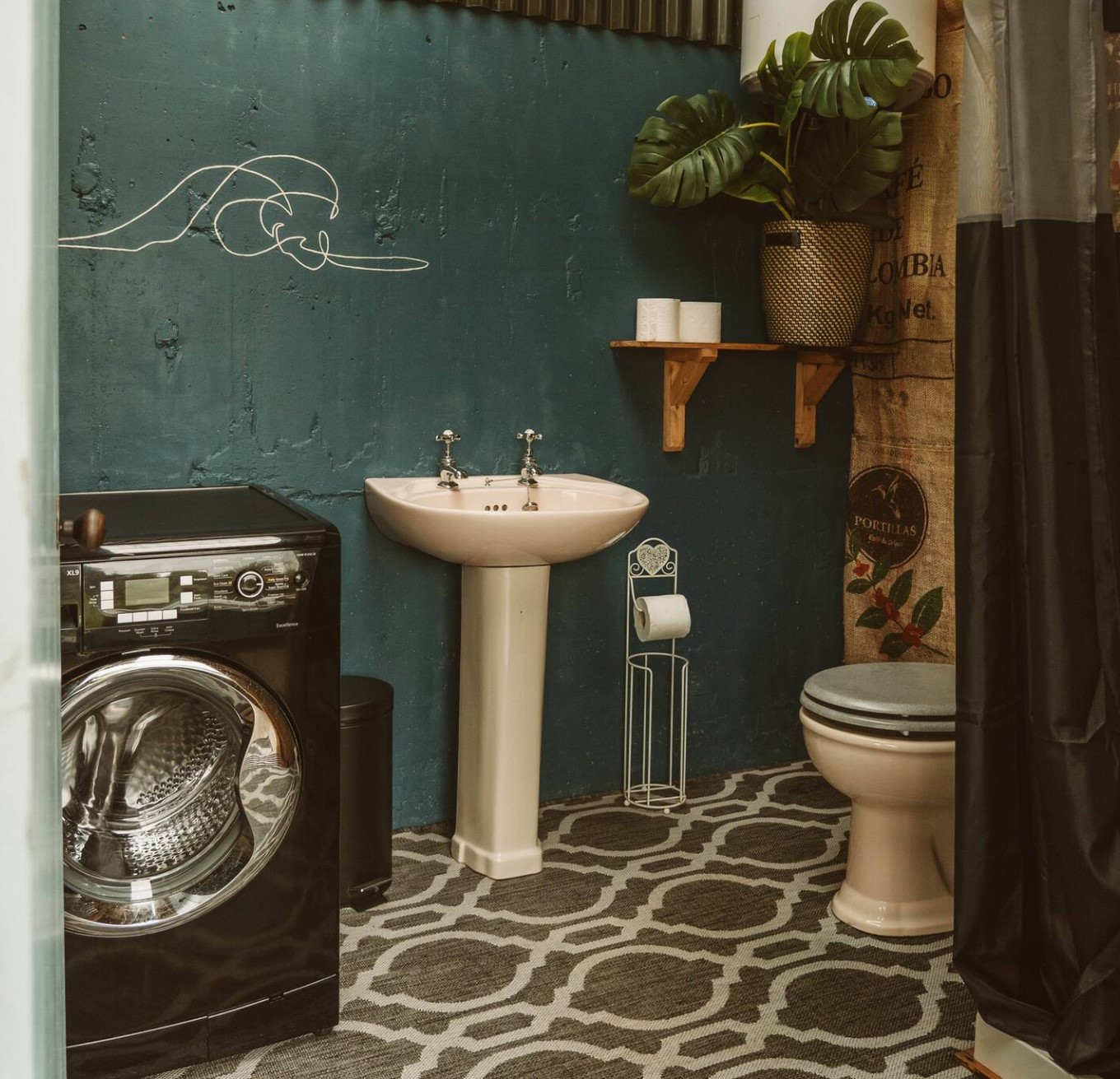 Tiny rustic bathroom with green wall