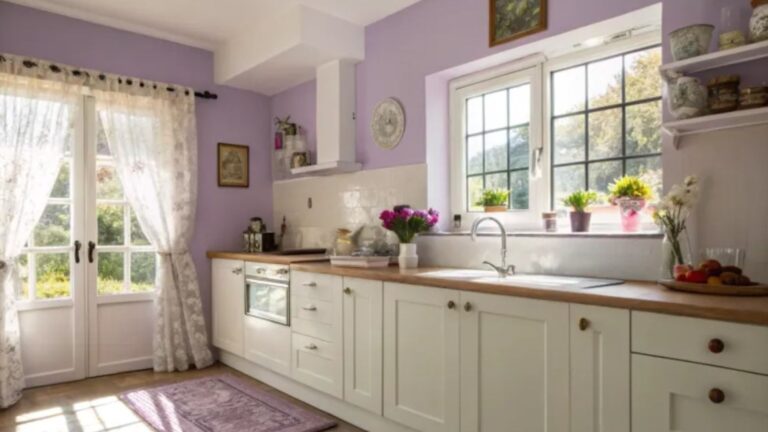 kitchen with lavender walls and white cabinets
