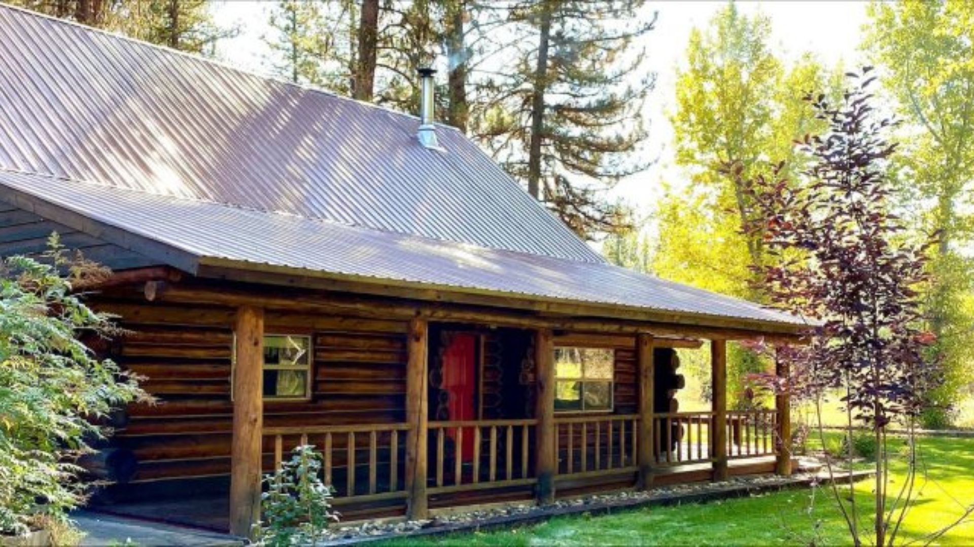 exterior of a cabin surrounded by greenery