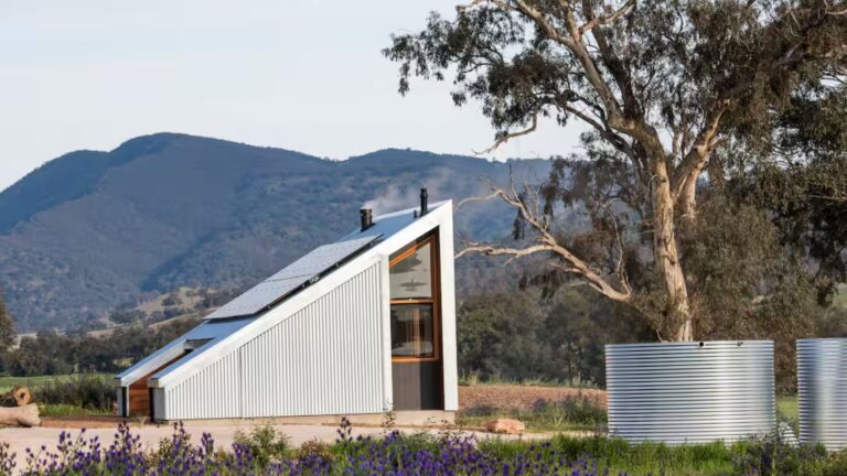 exterior of a cabin in a triangular shape