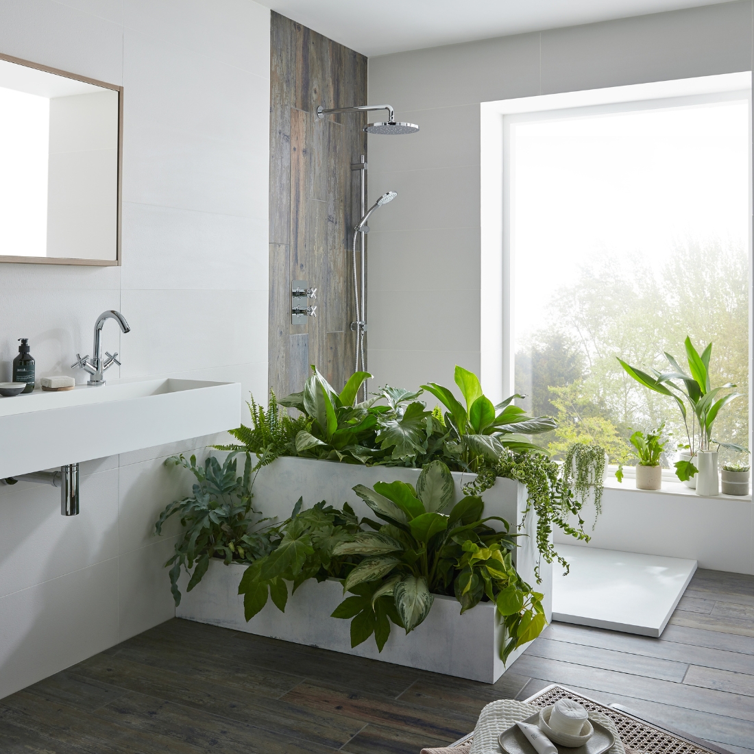 bathroom with a lot of plants inside, white walls, big window