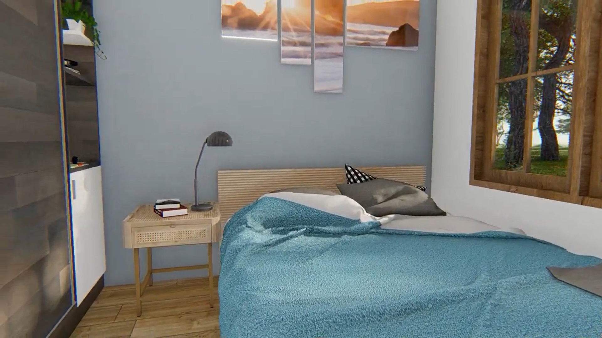 bedroom with a bed with blue bed sheets, brown bedside table, window on one side and a floor to ceiling closet on the other side