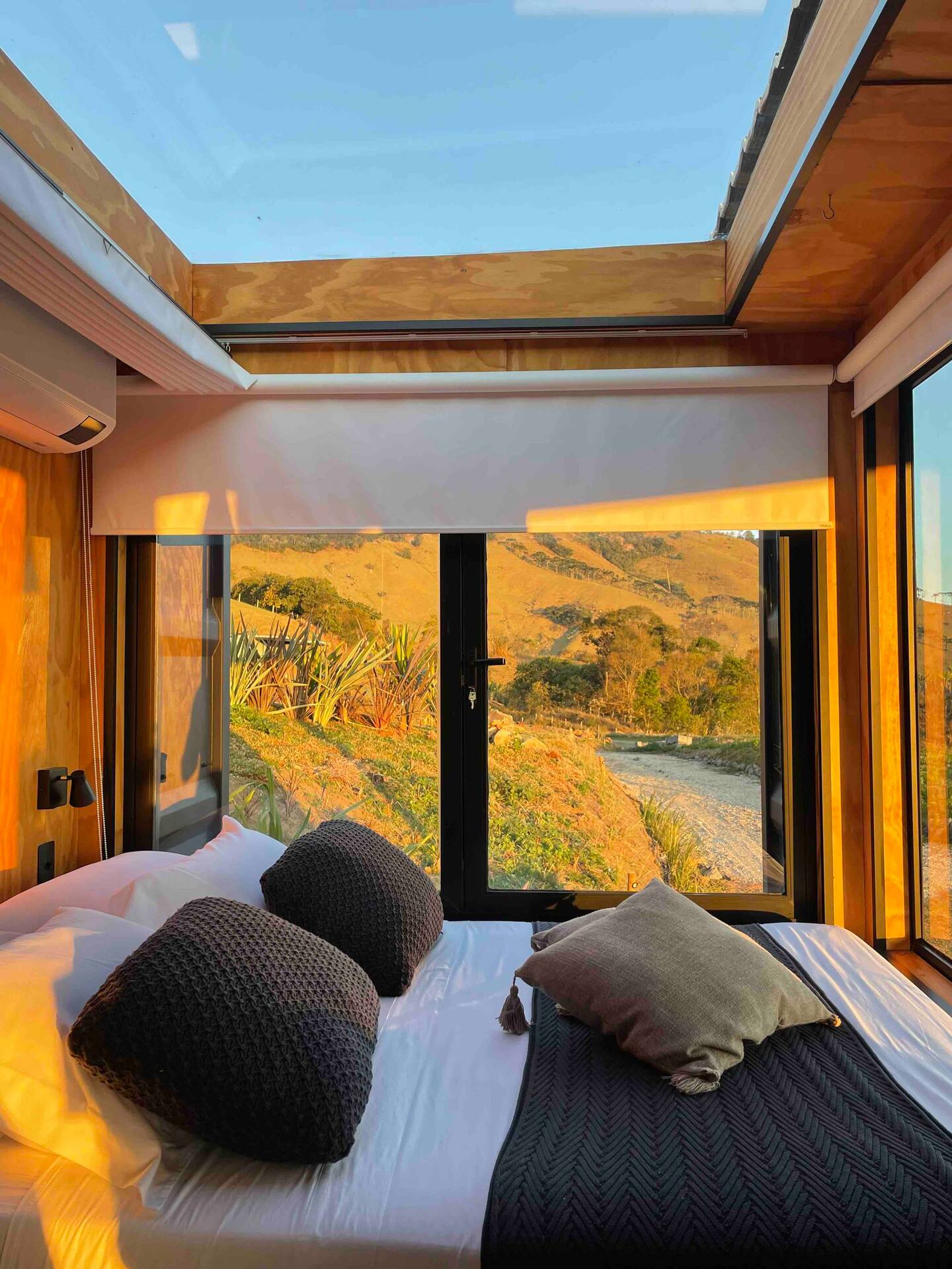 bedroom with glass doors with blinds and a skylight