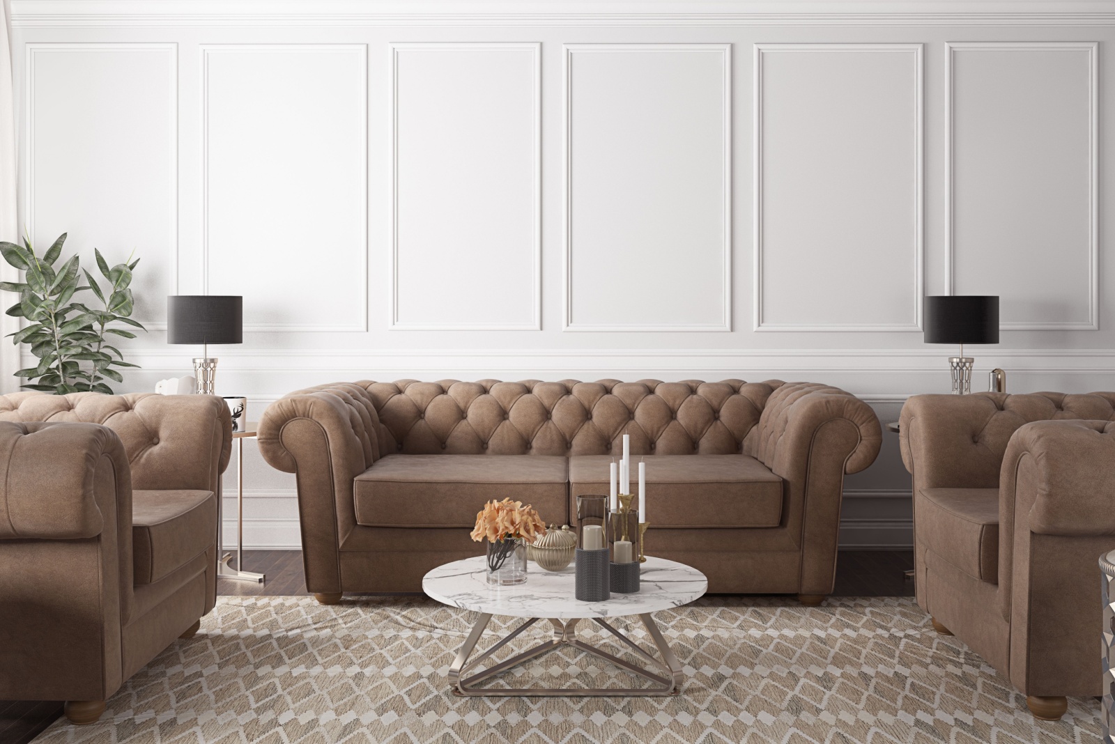 living room with brown chesterfield sofa and a round mini table