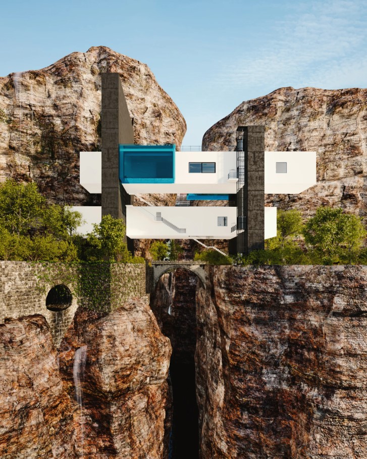 exterior of a house that connects two cliffs