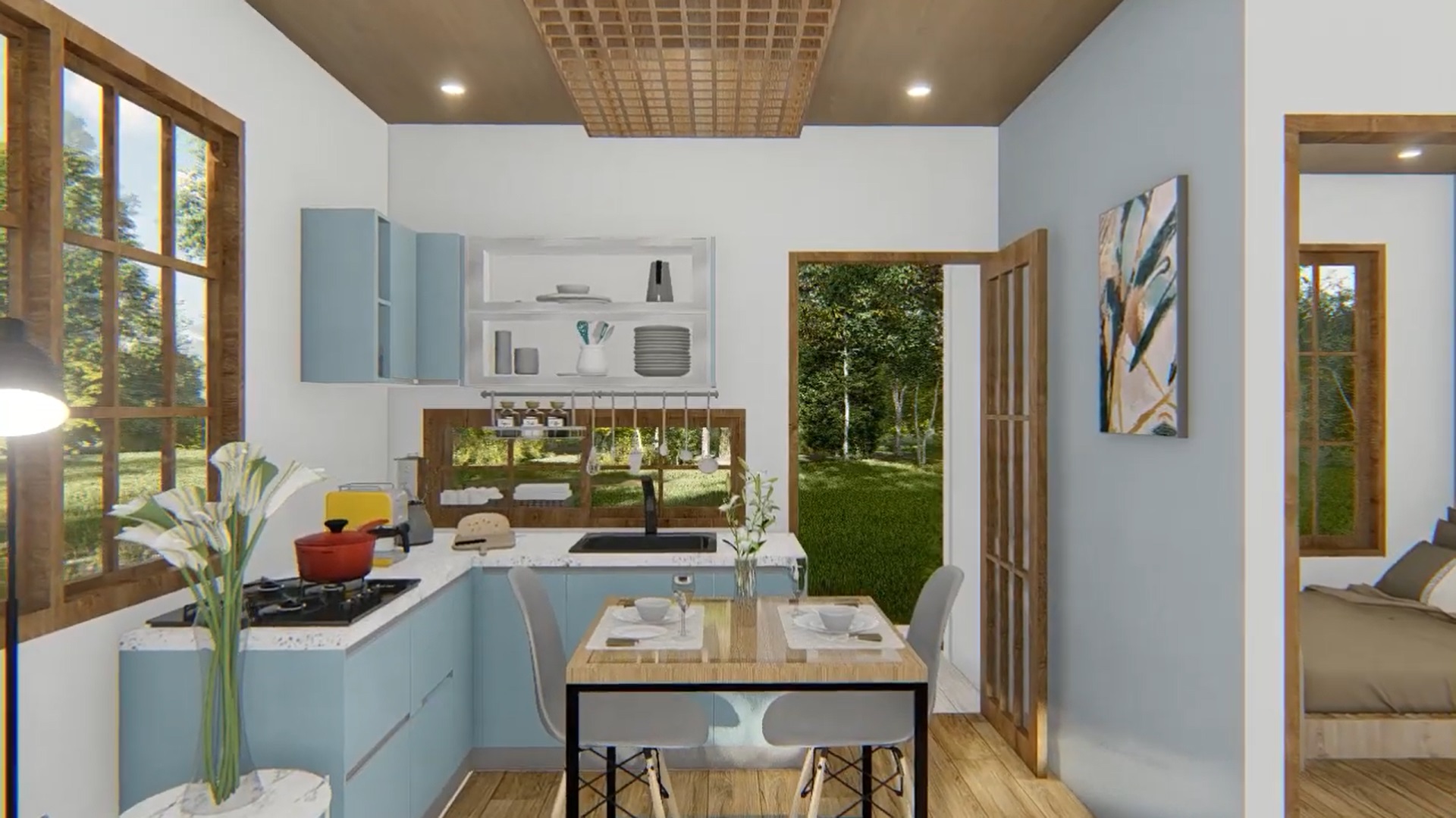 kitchen with light blue cabinets, brown table and two gray chairs