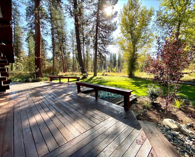 wooden deck, benches, tall trees