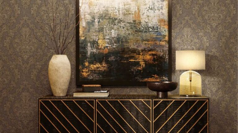 brown wallpaper, brown cabinet and an artwork