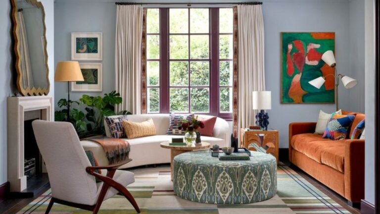 living room with mismatched patterns