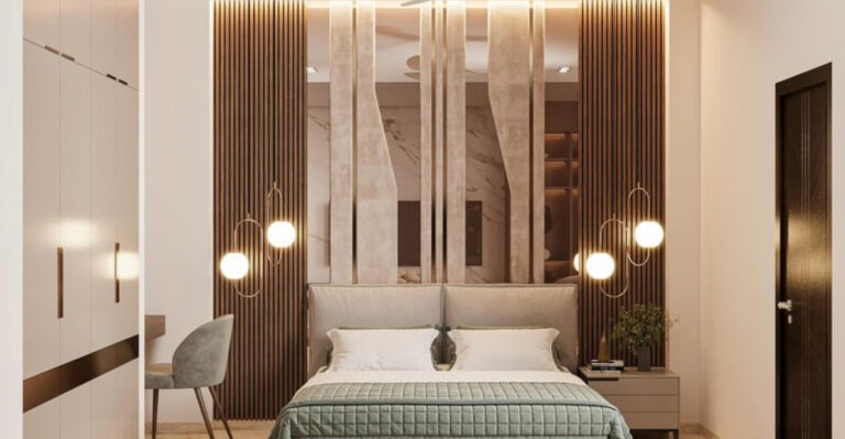lux bedroom with a bed and a work space
