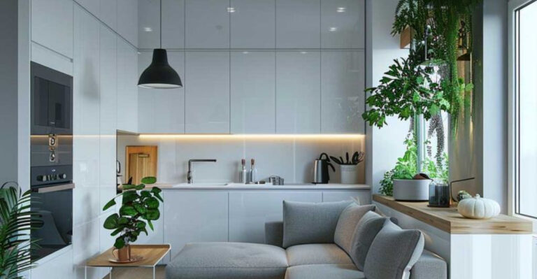 open plan living room and kitchen with gray furniture