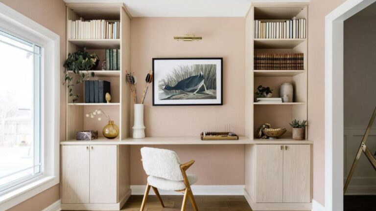 office room with a desk and shelves
