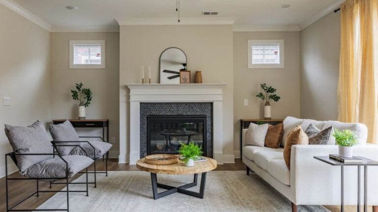 living room with a white couch and a fireplace