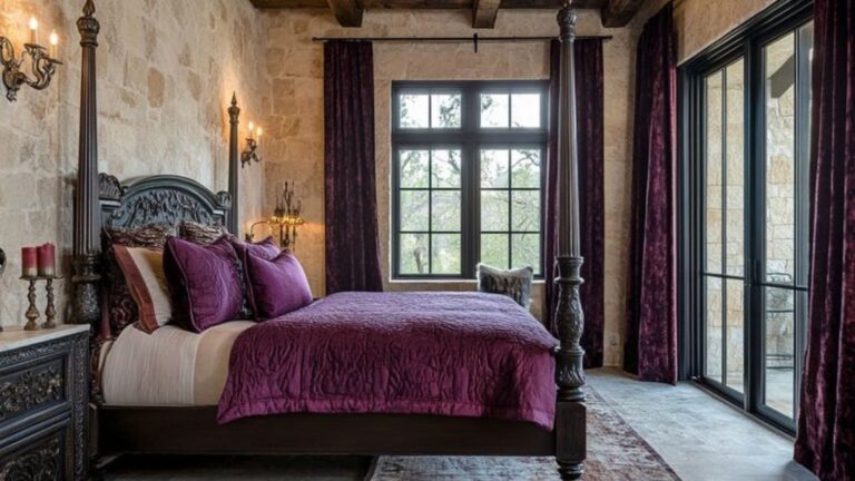 bedroom with velvet curtains