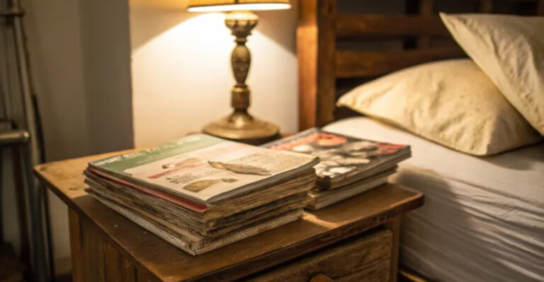 old magazines on a nightstand