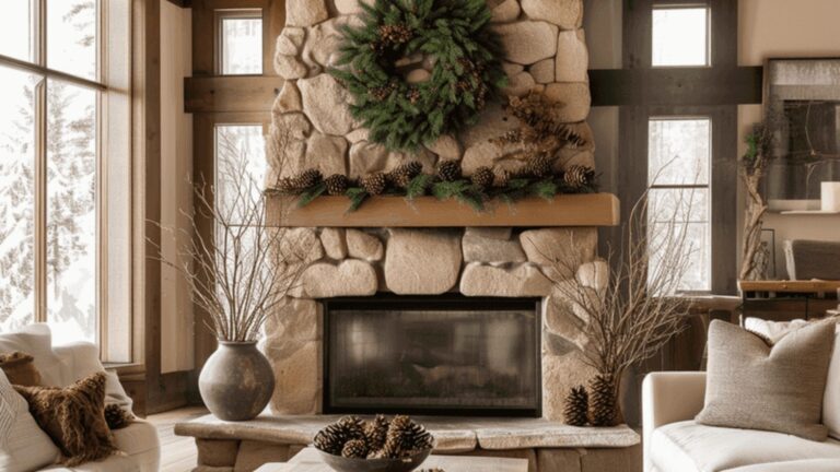 living room with a fireplace and seasonal decor