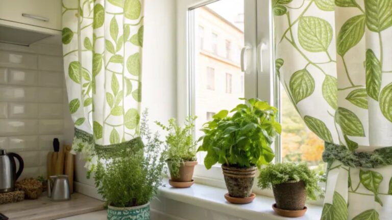 kitchen curtains with leaf motifs