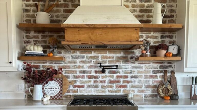 kitchen with brick walls