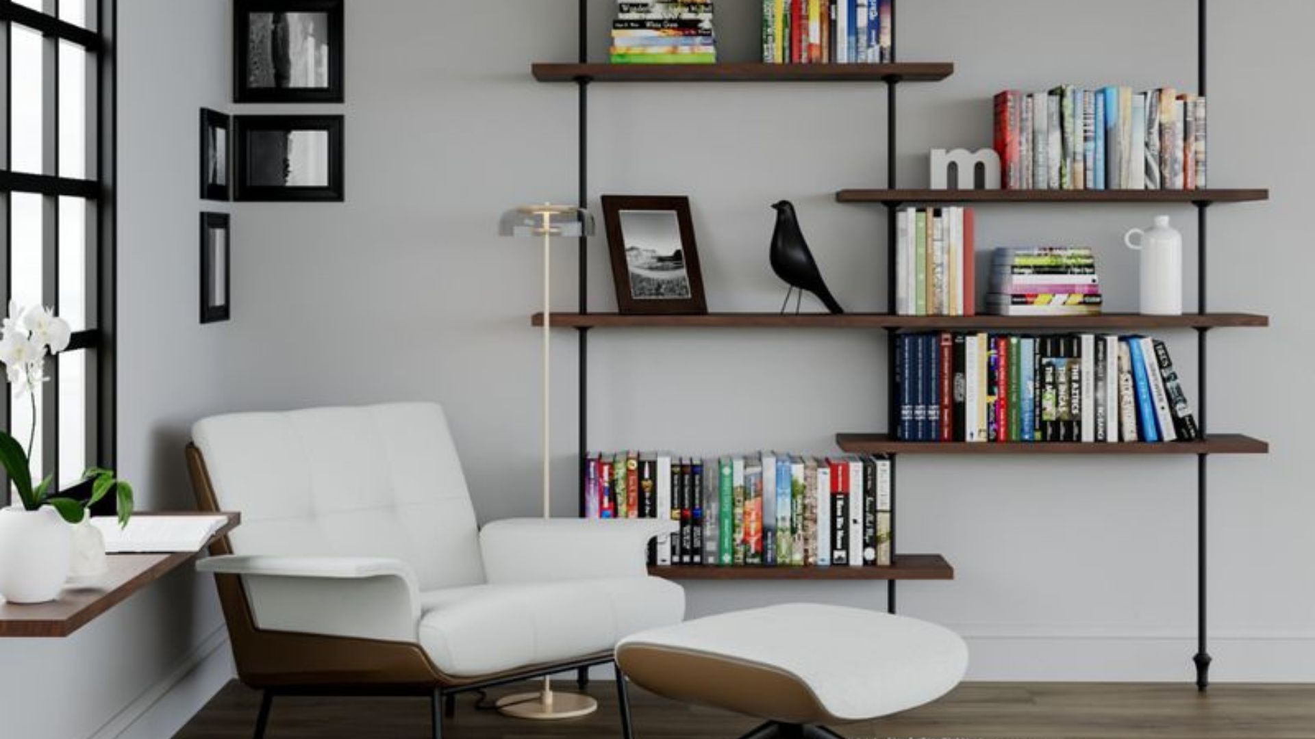 white sofa chair and books on shelves