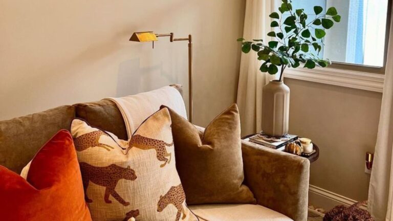 couch with pillows and a plant and lamp next to it